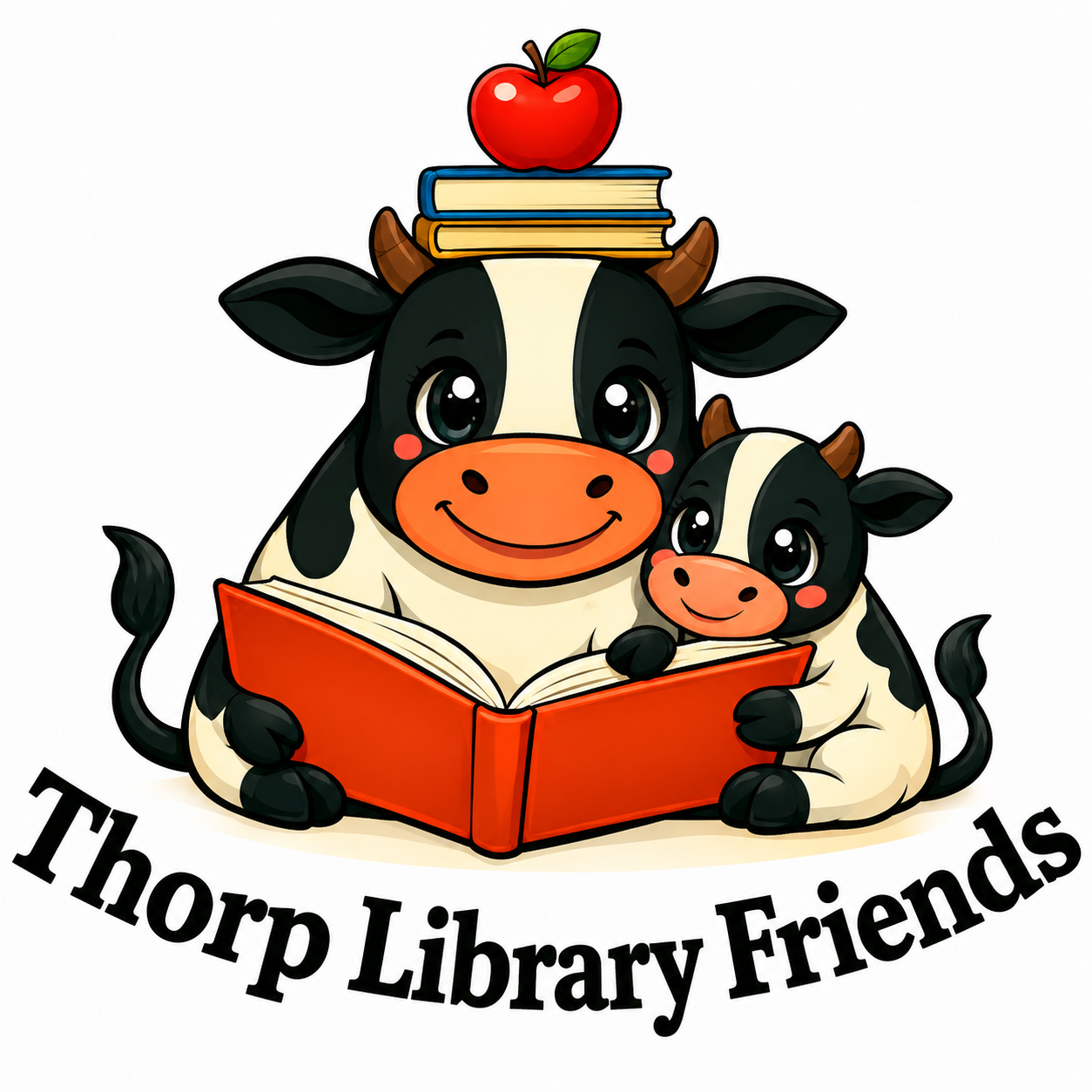 Logo of the Thorp Library Friends featuring an Illustration of two cartoon cows, a parent and calf, reading a book together, with a red apple and books on the parent cow's head.